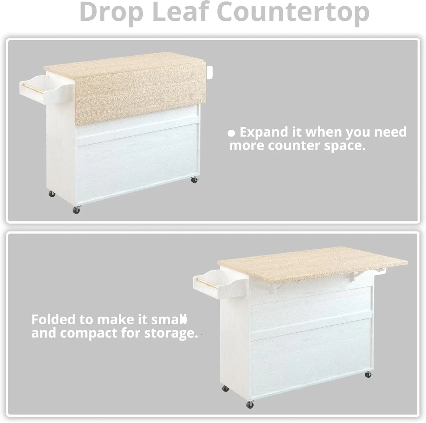 Rolling Kitchen Island Cart with Drop-Leaf & Wine Rack Drawer Shelves & Spice Rack, Microwave Rack Serving Cart on Wheels