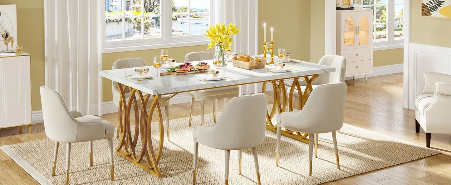 63-Inch Rectangular Dining Table for 4 to 6, Modern Kitchen Table with Faux Marble Table Top