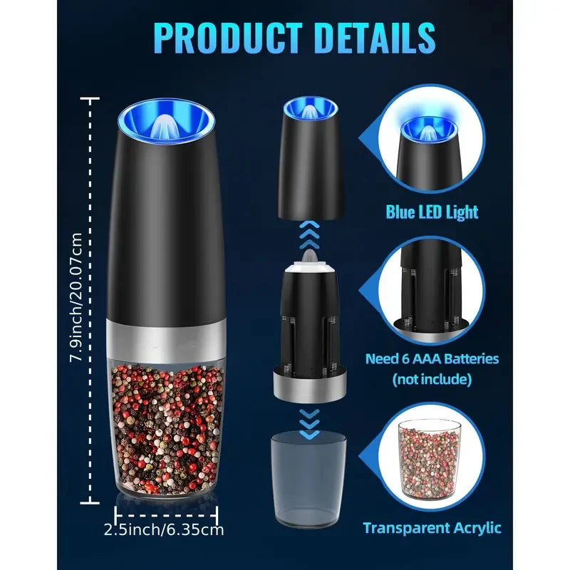 Gravity Electric Salt And Pepper Mill, Tilt To Grind Automatically, Battery Powered, Coarseness Adjustable