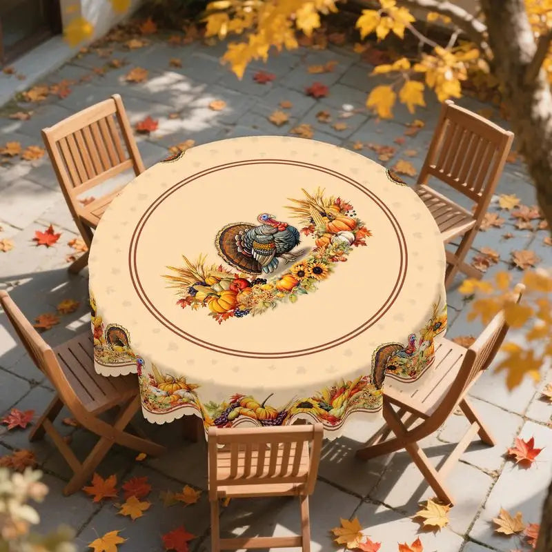 Fall Thanksgiving tablecloth with turkey, pumpkin and sunflower pattern, rectangular and round autumn harvest tablecloths