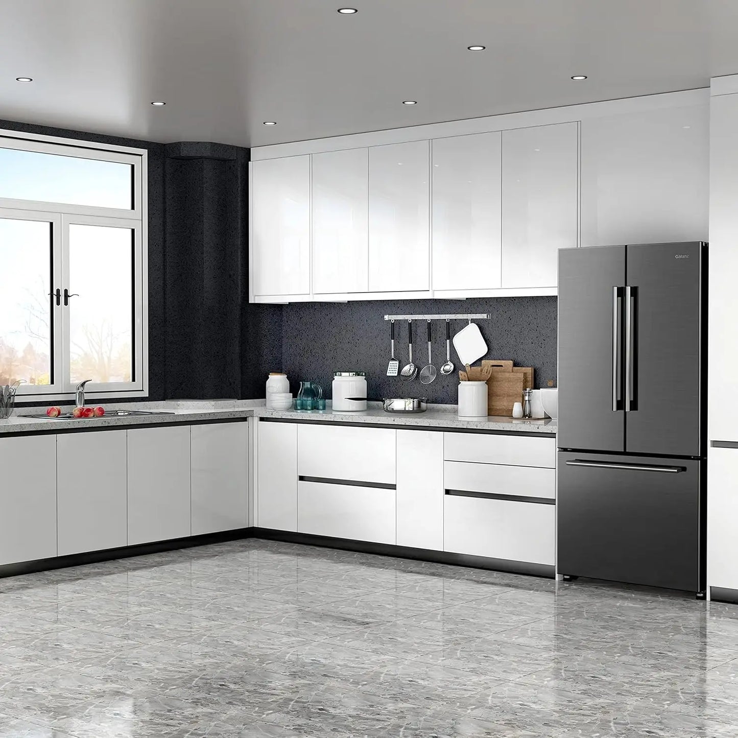 French Door Refrigerator with Installed Ice Maker and Bottom Freezer Adjustable Electrical Thermostat Control