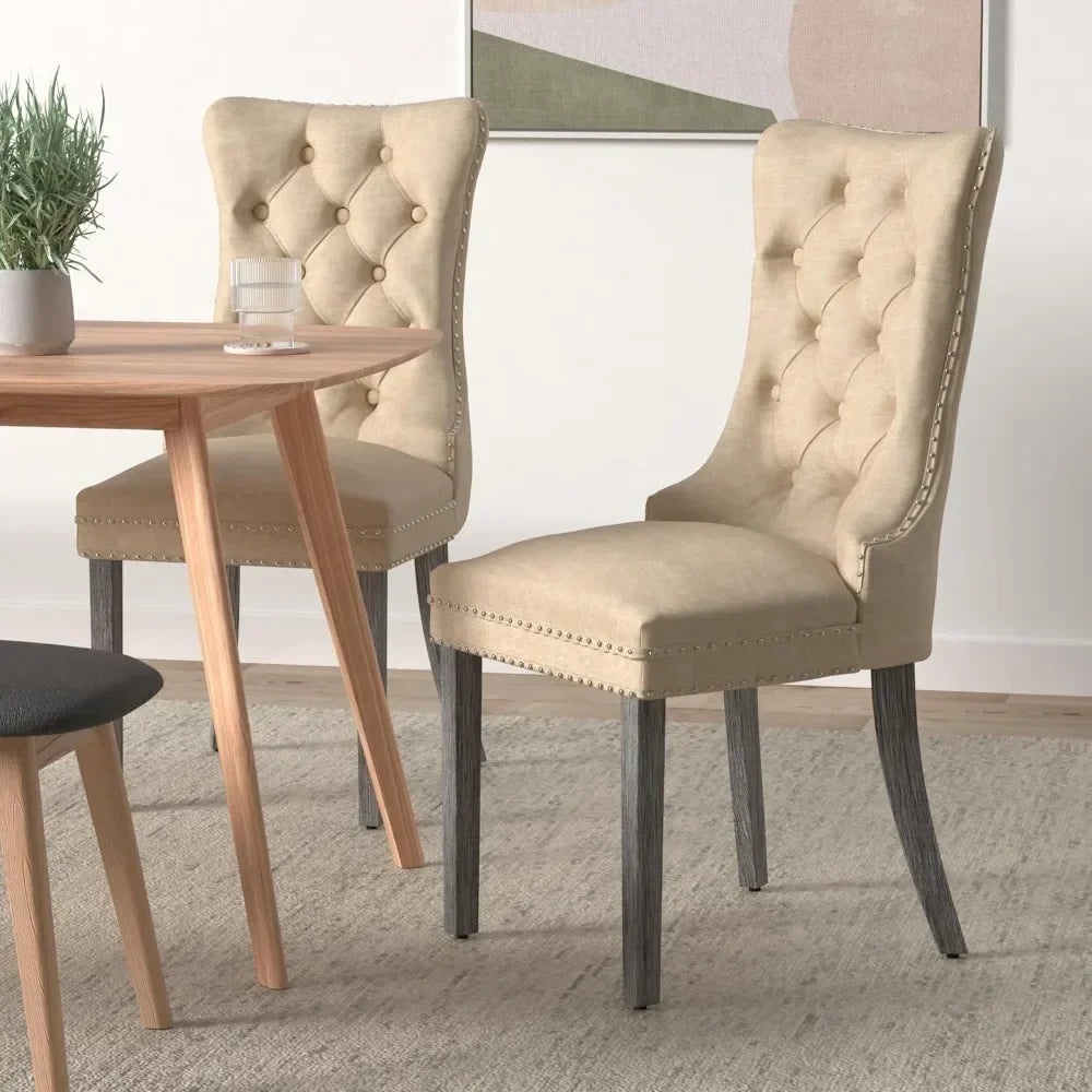 Leather Dining Chairs Set of 6, Upholstered Dining Room Chair with Nail head Trim and Solid Wood Legs, Luxury Wingback