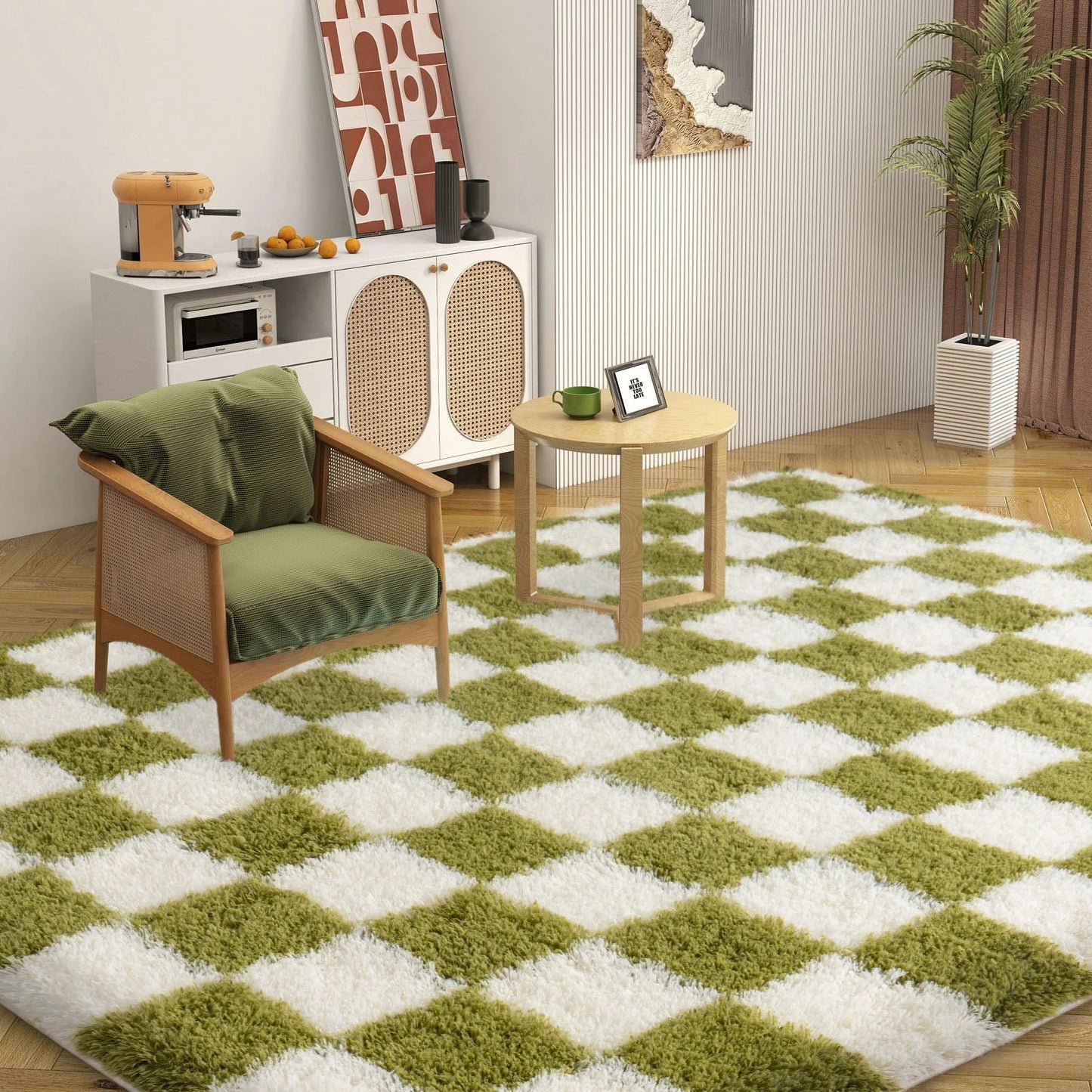 Fluffy Long Shag Plaid Area Rug for Bedroom, Living Room Washable , Super Soft Indoor Plush Rug.