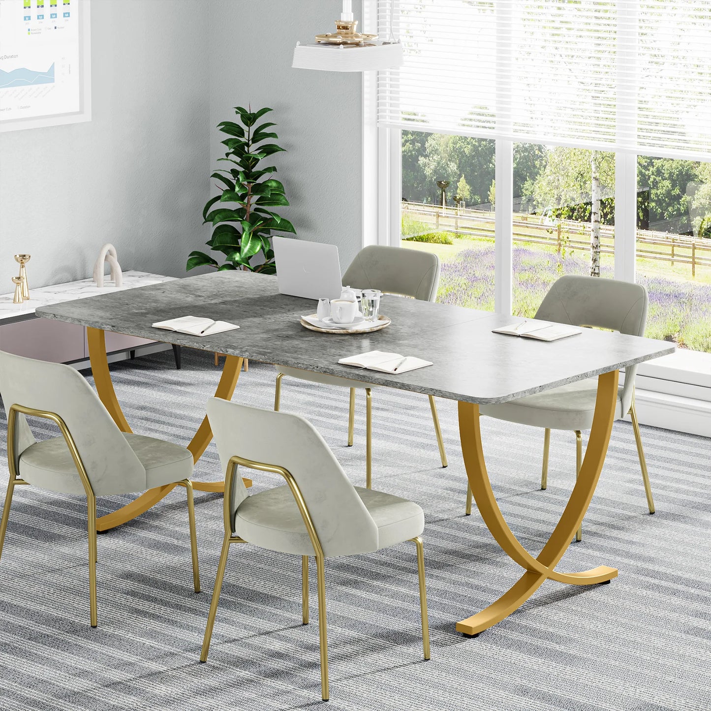 63" Modern Dining Table Kitchen Table with Faux Marble Top