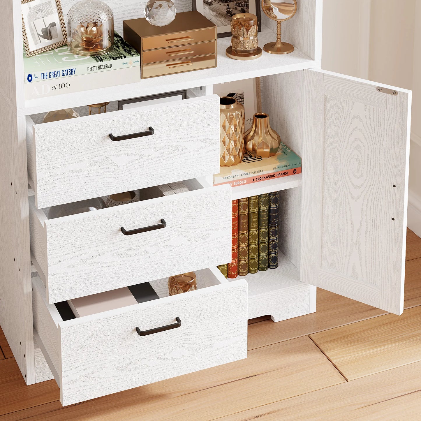 Bookshelf with Door and 3 Drawers, Tall Bookcase Shelf with 3-Tier Shelves