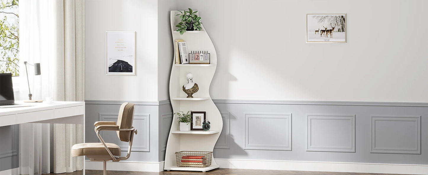 Modern 5-Tier Corner Bookshelf, Stylish Corner Bookcase Storage Rack Plant Stand with Unique Shape for Living Room, Home Office