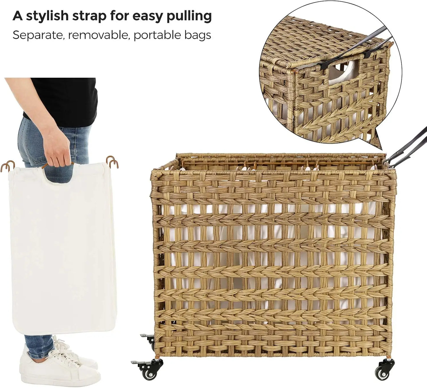 Laundry Hamper with Lid 140L Synthetic Rattan Laundry Basket with Wheels Clothes Hamper with 3Removable Liner Bags 3Section