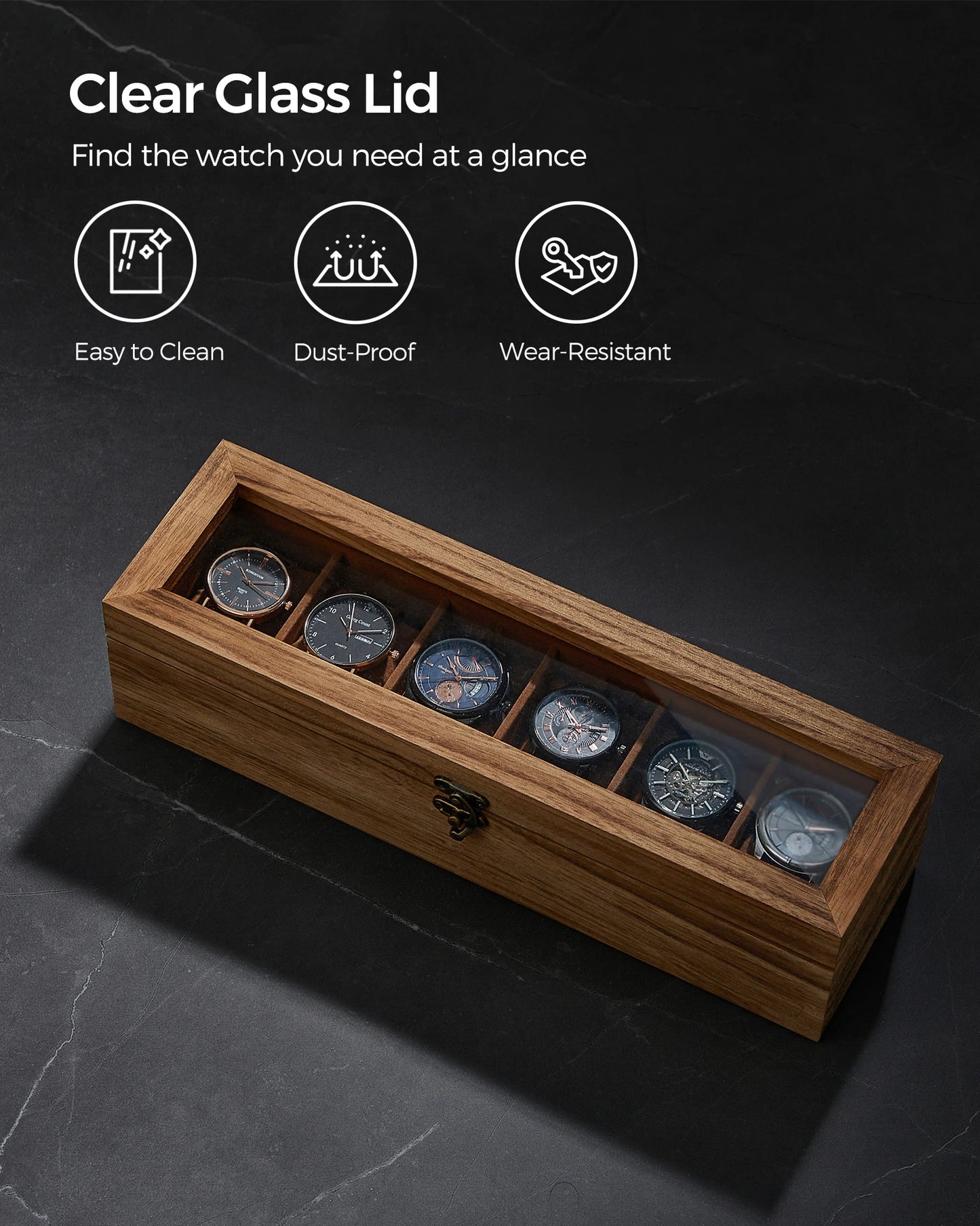 Watch Box, 6-Slot Watch Case, Solid Wood Watch Box Organizer with Glass Lid, Watch Display Case with Removable Pillows