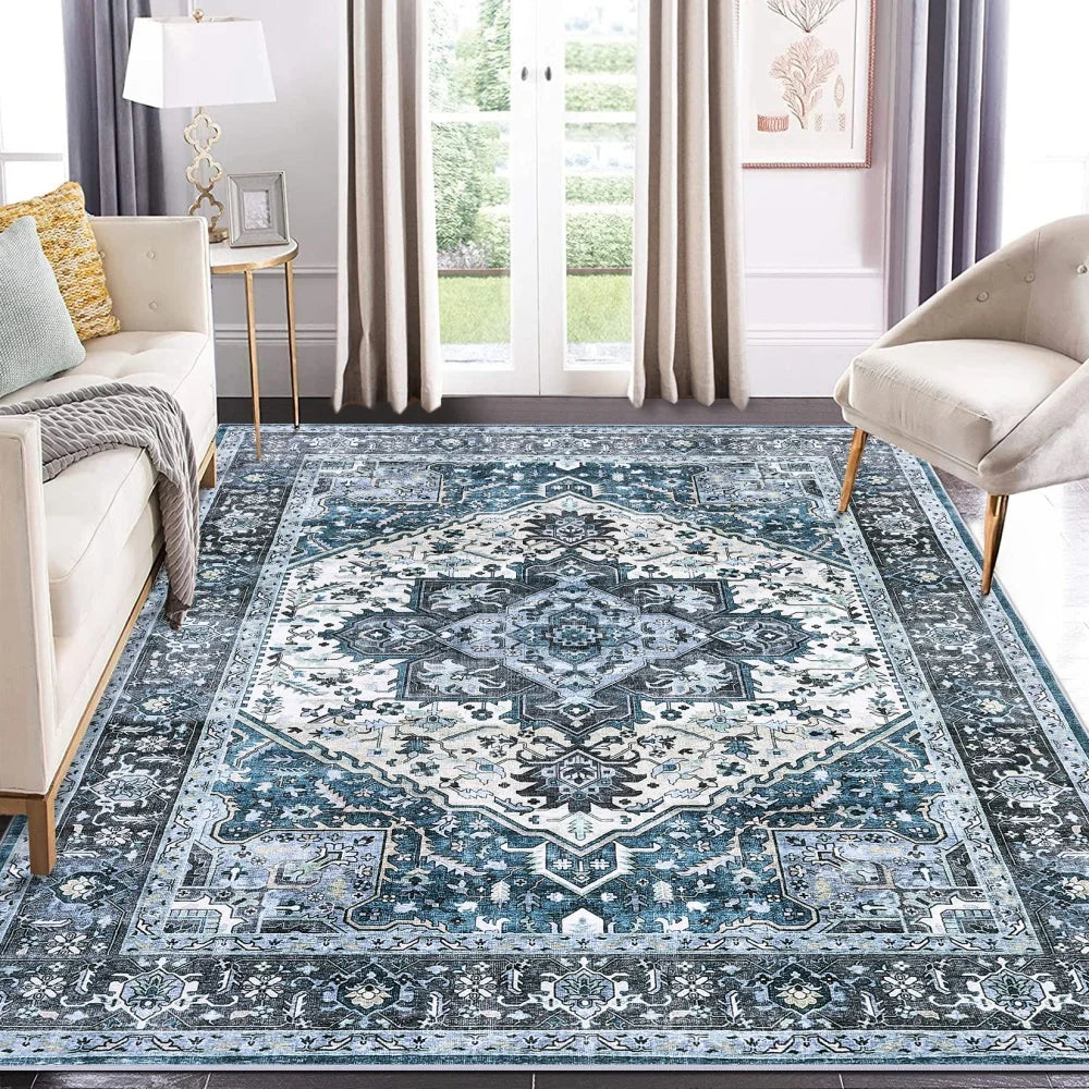Washable Area Rugs 8x10 Living Room Rug Vintage Medallion  Soft Floor Cover Low Pile Non-Slip