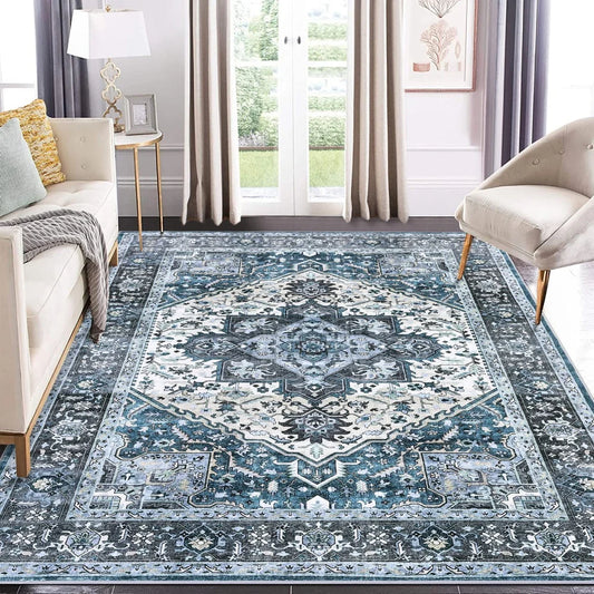 Washable Area Rugs 8x10 Living Room Rug Vintage Medallion  Soft Floor Cover Low Pile Non-Slip
