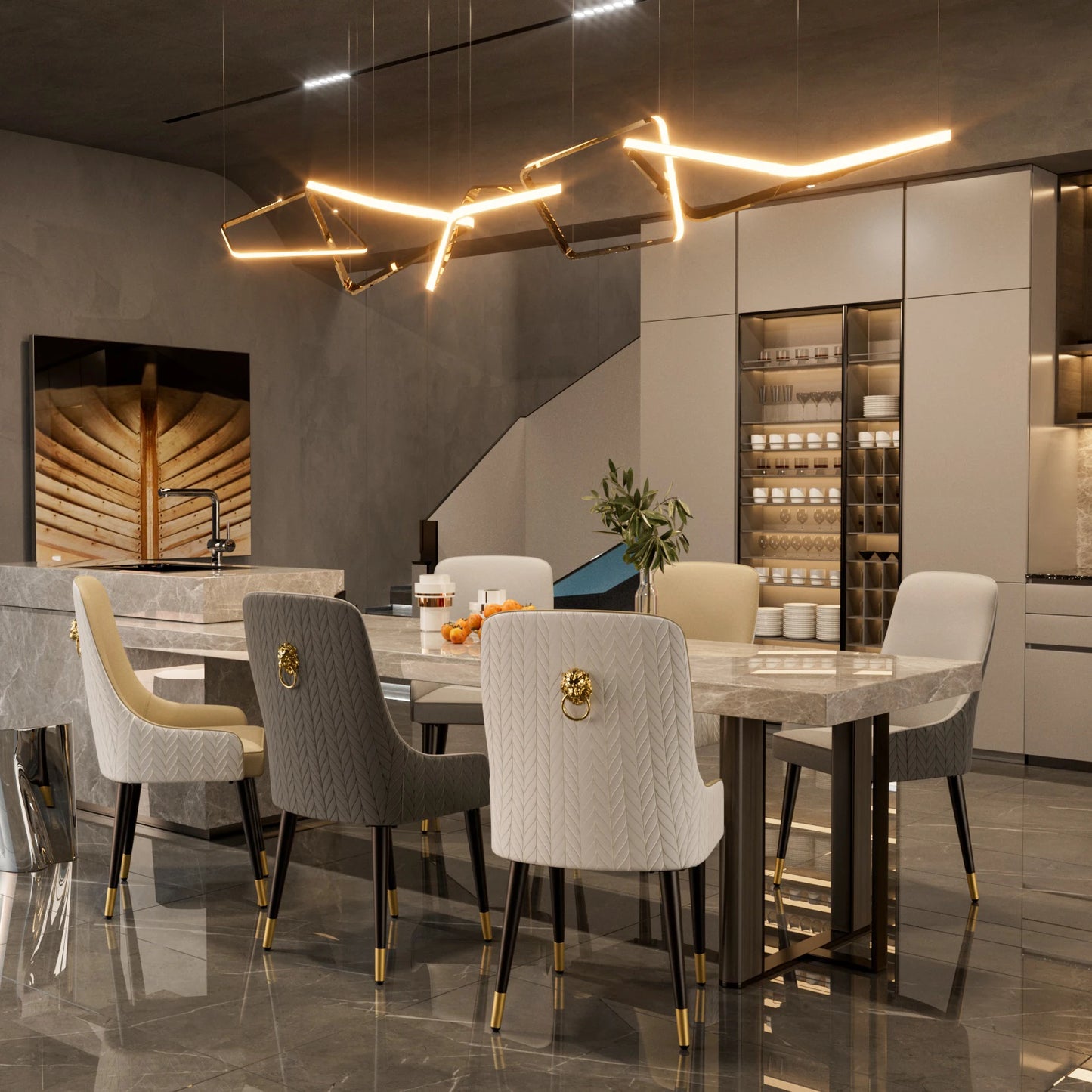 Modern PU Leather Set of 2 Dining Chairs with Metal Legs High Tufted Back Lion Head Pull Ring