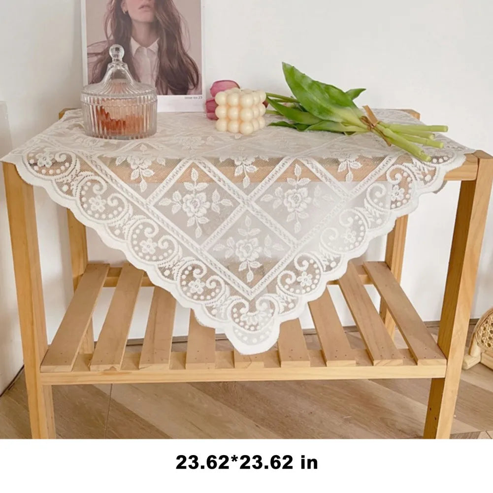 Nordic White Lace Hollow Tablecloth Vintage Rose Flower Pattern