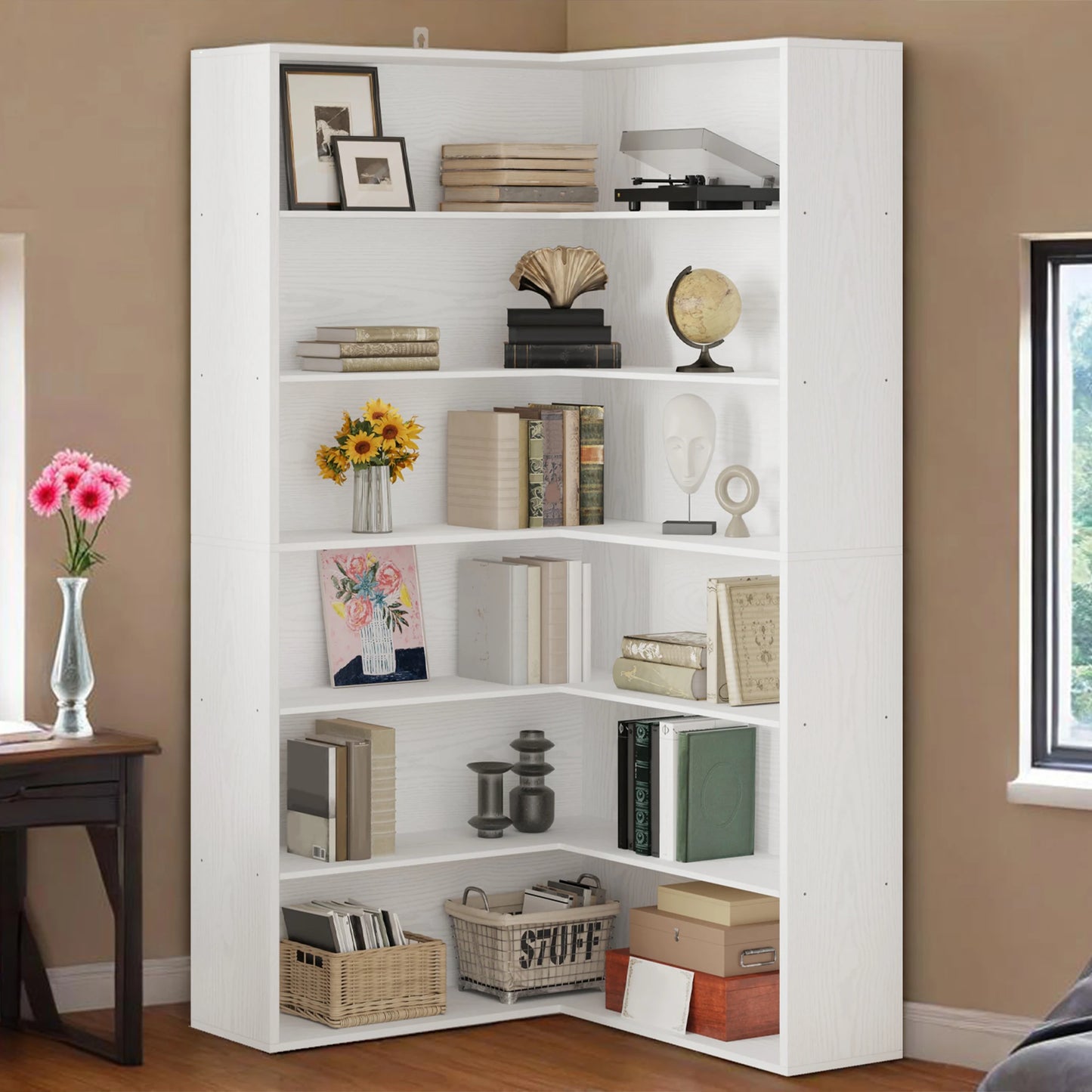 Corner Bookshelf with Baffles, Corner Bookcases 6 Tiers, Shelf Storage Rack for Living Room, Home Office