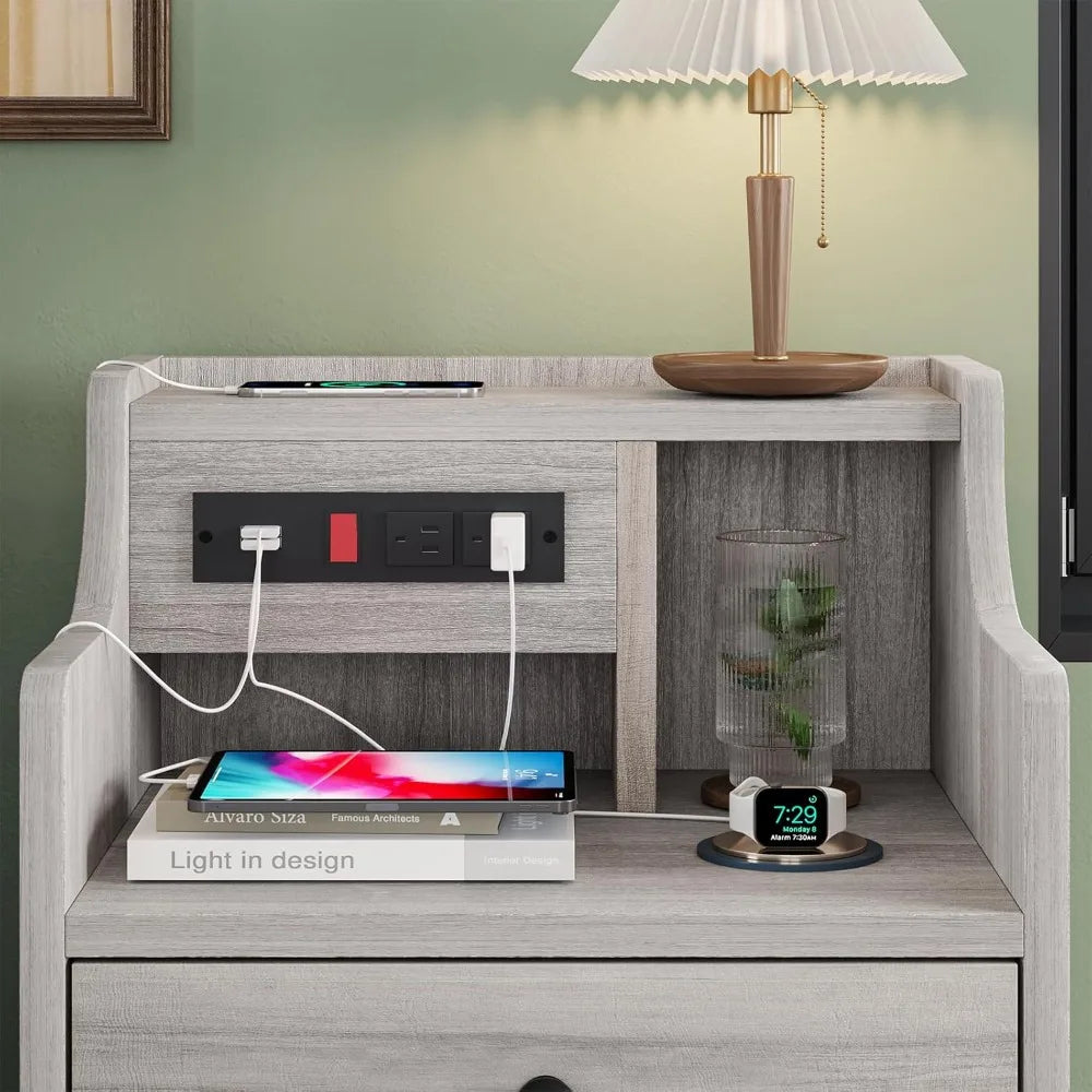 Nightstand with Charging Station,  with Hutch & Storage Drawers