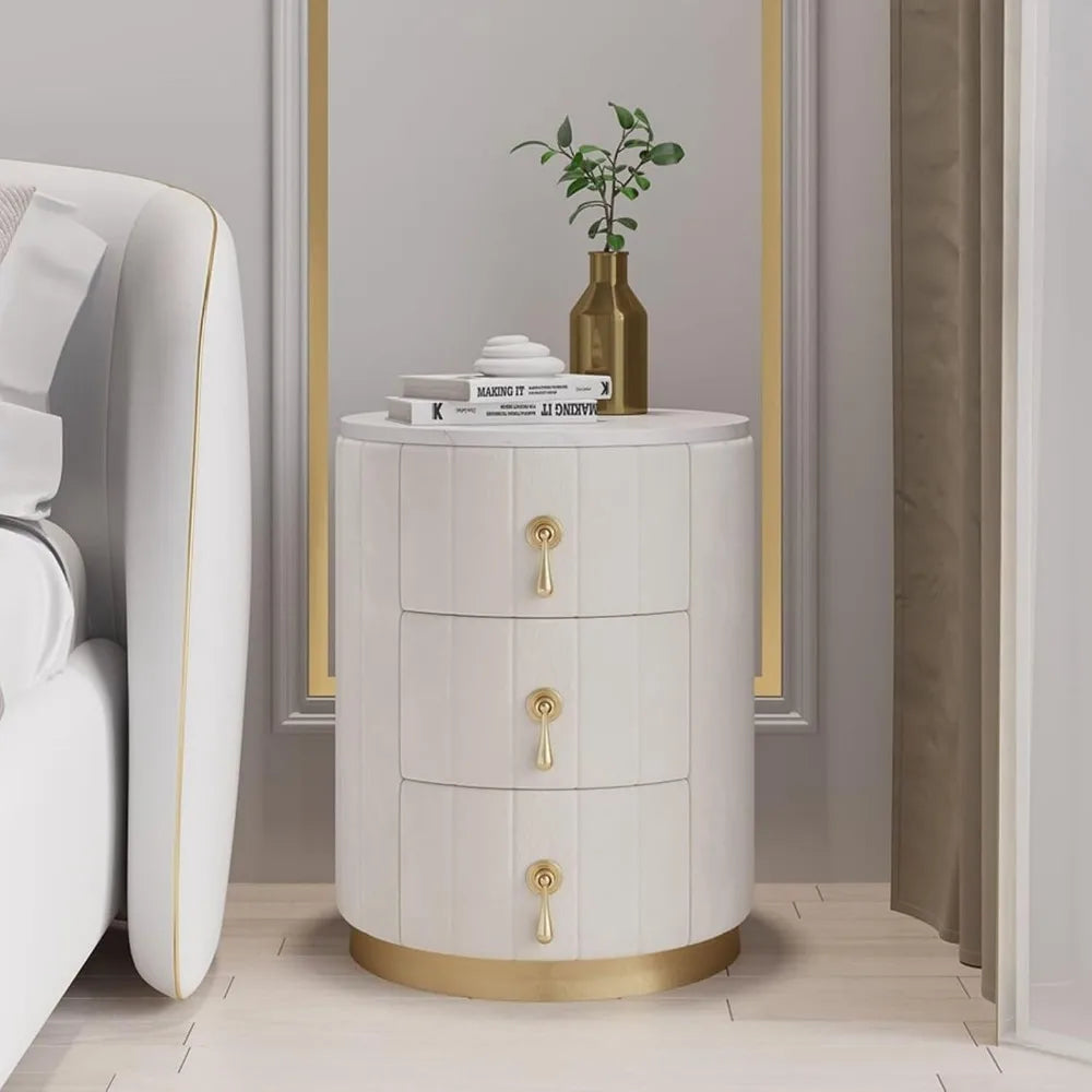 White Velvet Nightstand with Storage, Round Bedside Table with 3 Drawers, Stone Top Night Table for Bedroom