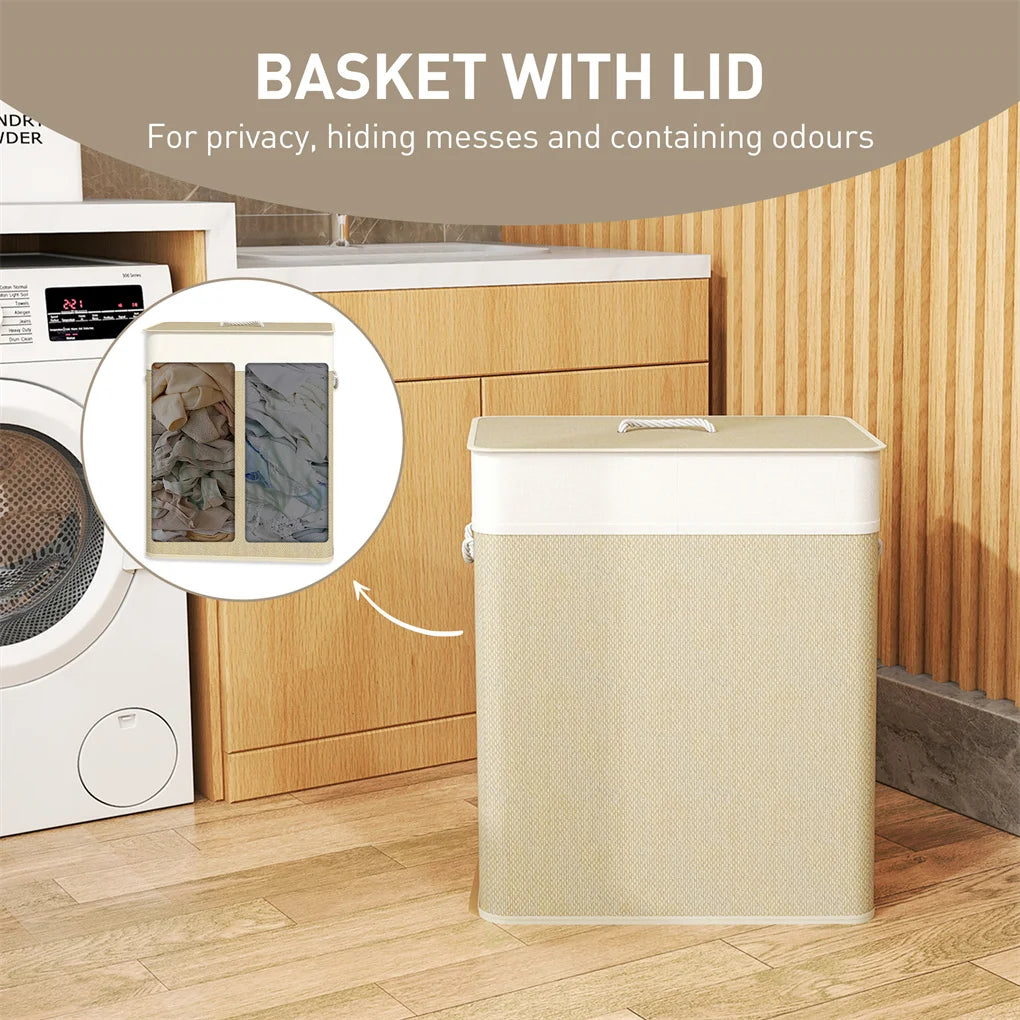 Bamboo Laundry Hamper Foldable Laundry Basket with Lid Removable and Machine Washable Liner for Efficient Laundry