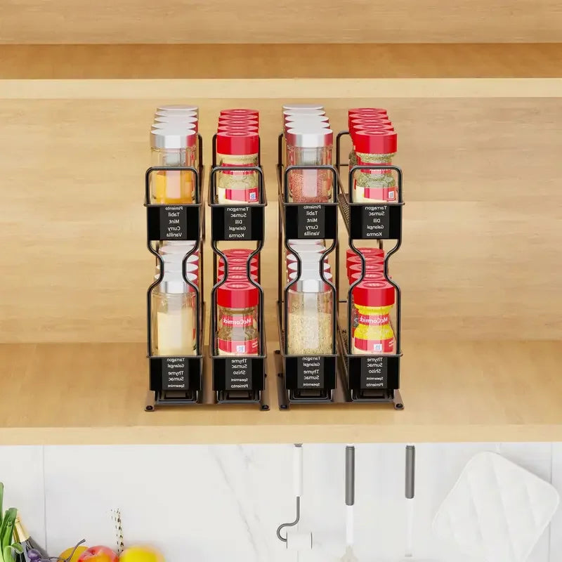 2-Tier Spice Rack Slide Out Wire Basket Drawer Organizer, Black