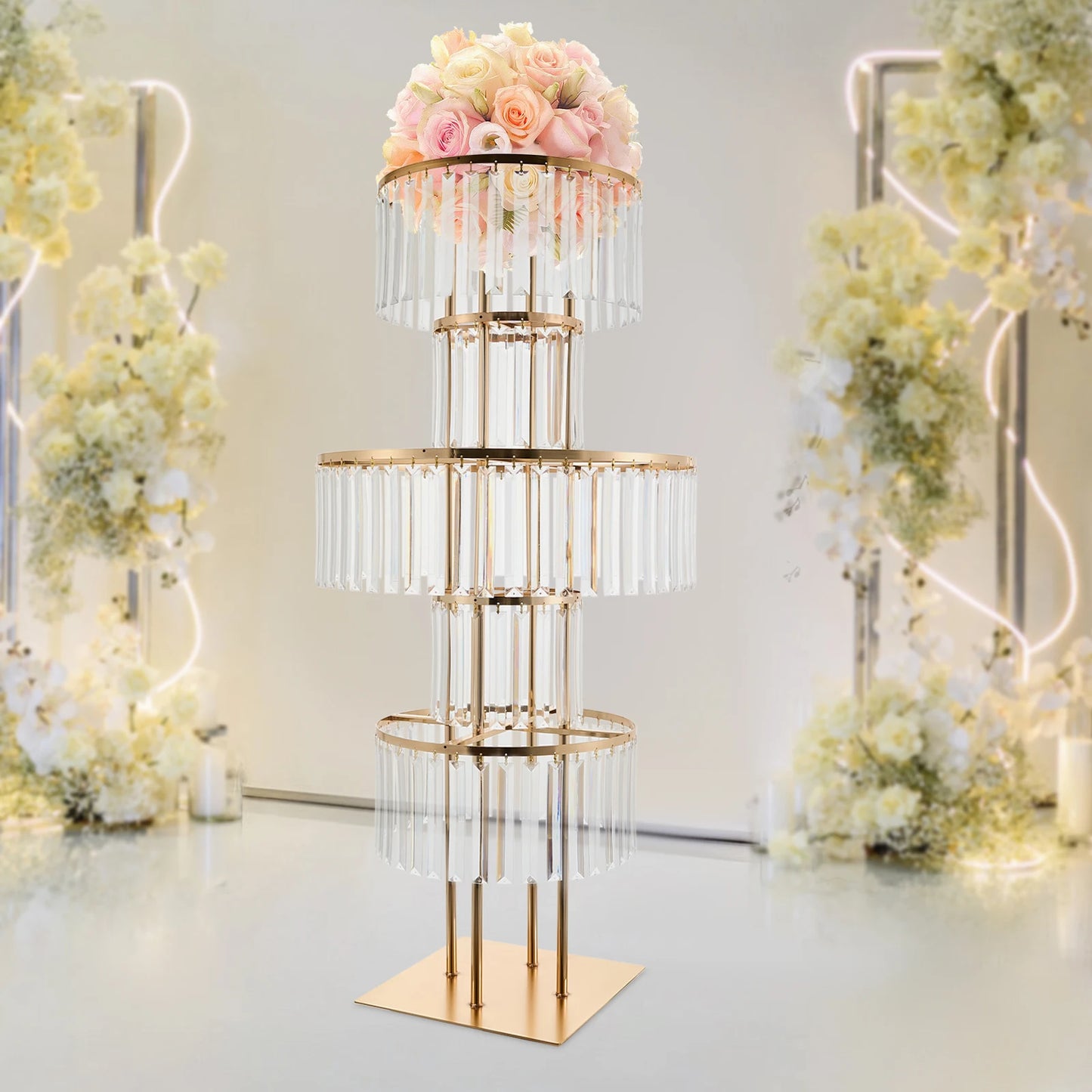 5 Tiers Gold Wedding Centerpieces Flower Stand Vase Centerpiece Acrylic Flower Stand with Hanging Acrylic