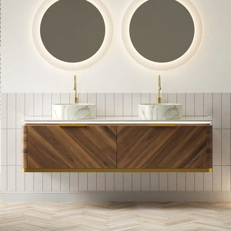 60" Bathroom Vanity with Sinks, Floating Plywood Storage Cabinet, 2 Drawers with Sensor Light, 2 Ceramic Vessel Basins
