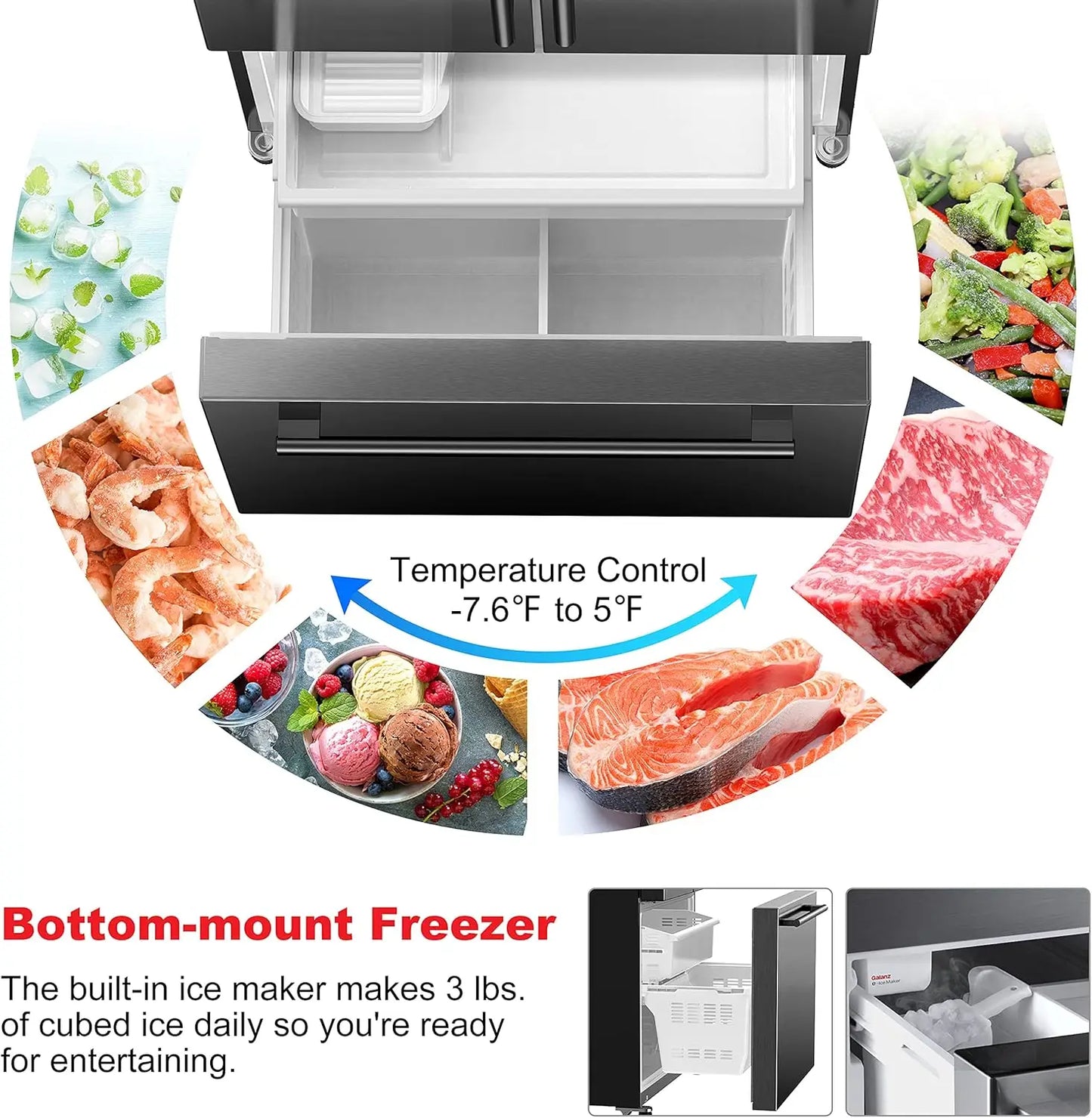 French Door Refrigerator with Installed Ice Maker and Bottom Freezer Adjustable Electrical Thermostat Control