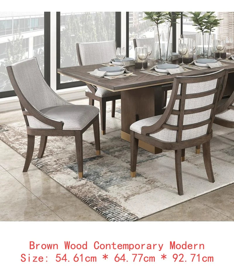 Modern Brown Finish 9-Piece Dining Set with Extension Table and 8 Armchairs, Upholstered Kitchen Furniture with Gold Tipping.