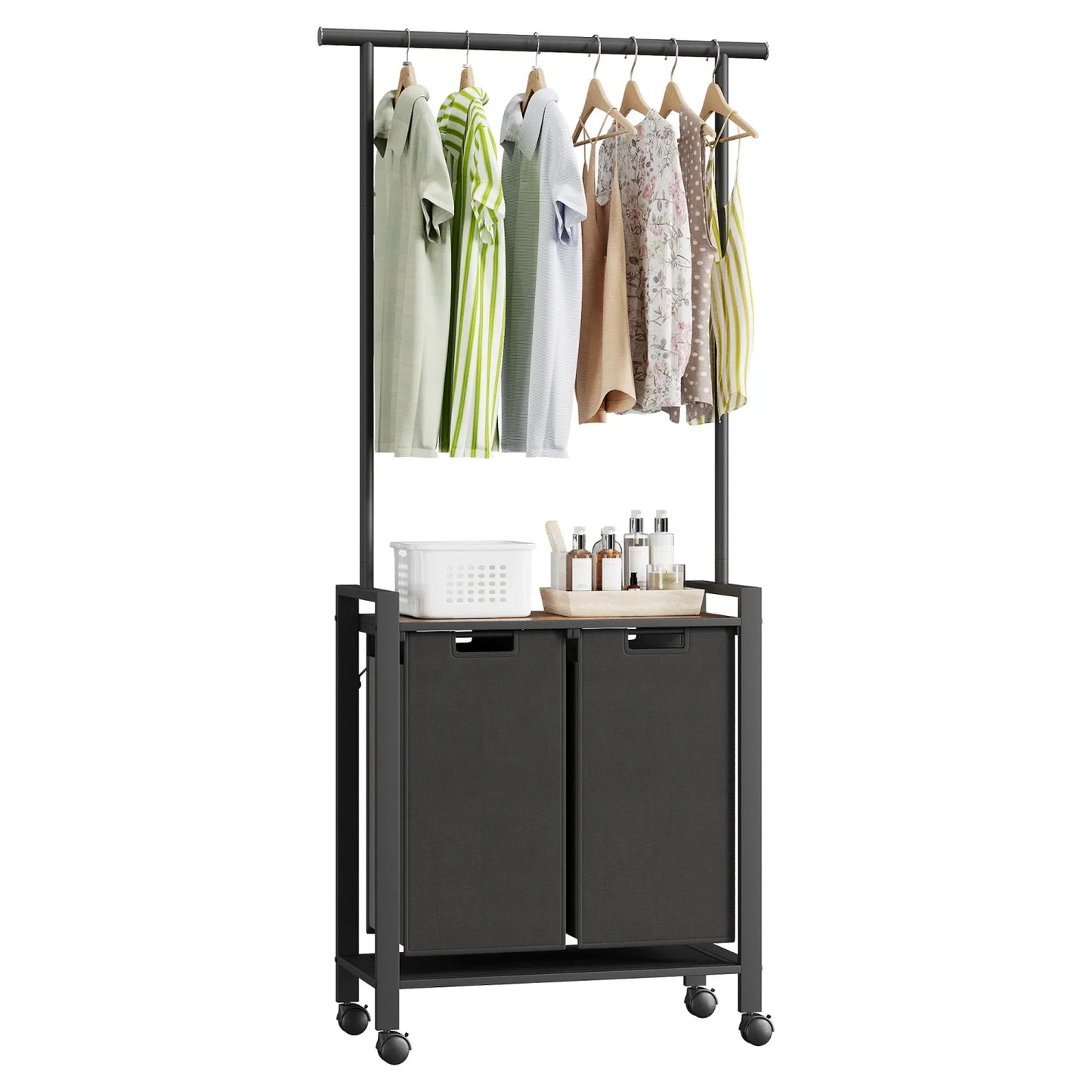 Laundry Sorter With Extendable Hanging Bar Laundry Basket With Wheels And Shelf, Laundry Room Organization And Storage