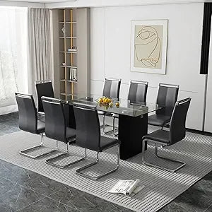 71" Glass Dining Table Set for 6, 7 Piece Dining Table Set with Tempered Glass Top & 6 White PU Leather Ergonomic Chairs, Modern