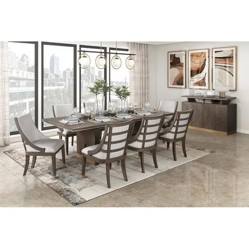 Modern Brown Finish 9-Piece Dining Set with Extension Table and 8 Armchairs, Upholstered Kitchen Furniture with Gold Tipping.