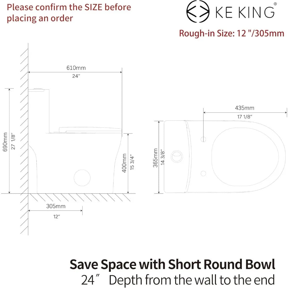 Quiet Dual & Powerful Flush Modern Toilet for Small Bathroom, Space Saving Toilet with Soft Close Seat, 12'' Rough-In