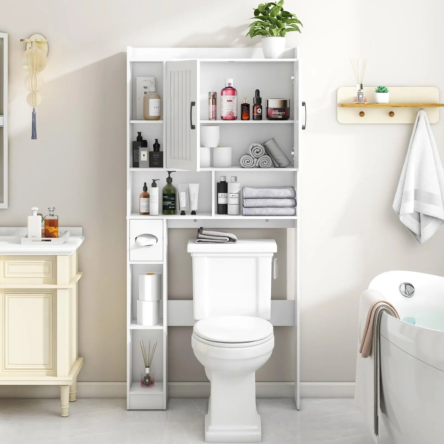 Bathroom Organizer Storage Wood Over The Toilet Storage Cabinet with Barn Doors &Toilet Paper Stand 67'' Tall Toilet Rack
