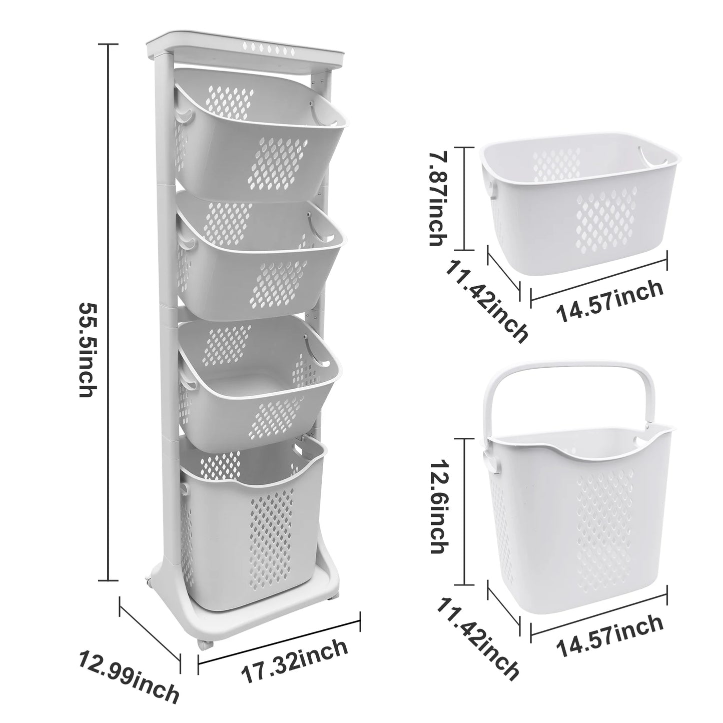 2/4 Tier Laundry Basket Cart Removable Storage Buckets Plastic Hamper with 4 Wheels White