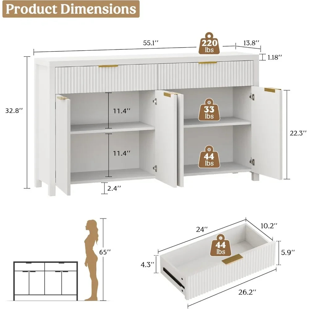 "White Fluted Storage Cabinet with Drawers – Buffet & Sideboard Design with Adjustable Shelves for Kitchen or Living Room"