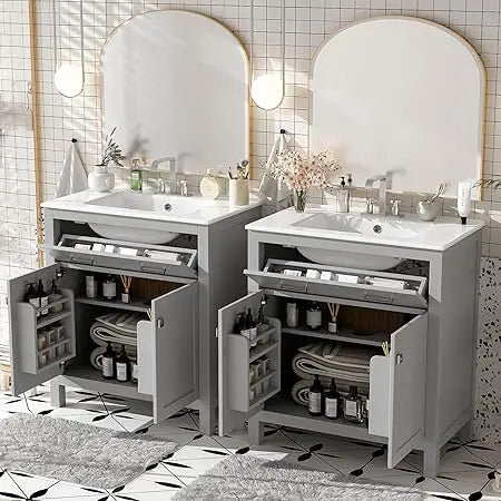 60" Bathroom Vanity Set with Double Sink, Vanity Cabinet with Flip Drawer, 2 Doors, and Adjustable Shelf