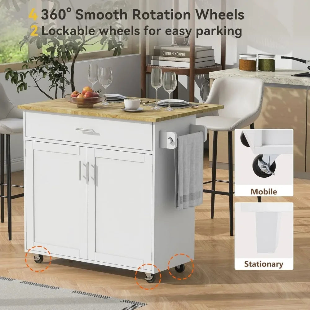 Small Kitchen Island Cart on Wheels with Drop Leaf Countertop, Mobile Kitchen Cat with Internal Storage Rack, Spacious Drawer