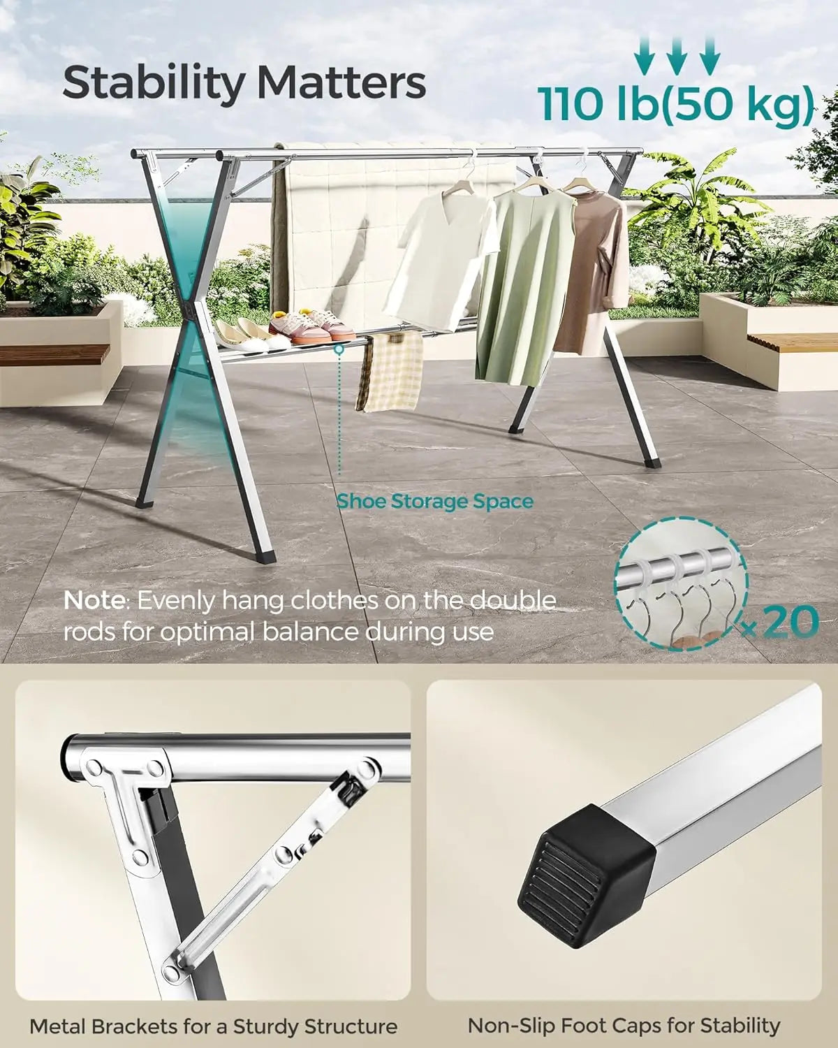 Clothes Drying Rack Heavy-Duty Laundry Drying Rack 45.7-63.4 Inches Extendable Foldable Freestanding Airer Stainless Steel for I