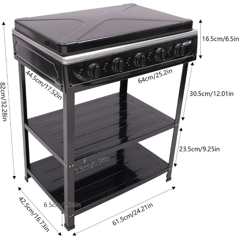 Natural Gas Stove Outdoor 5-Burner Stove Portable, with 2 Placement Boards and Windshield for Outdoor Camping RV Travel
