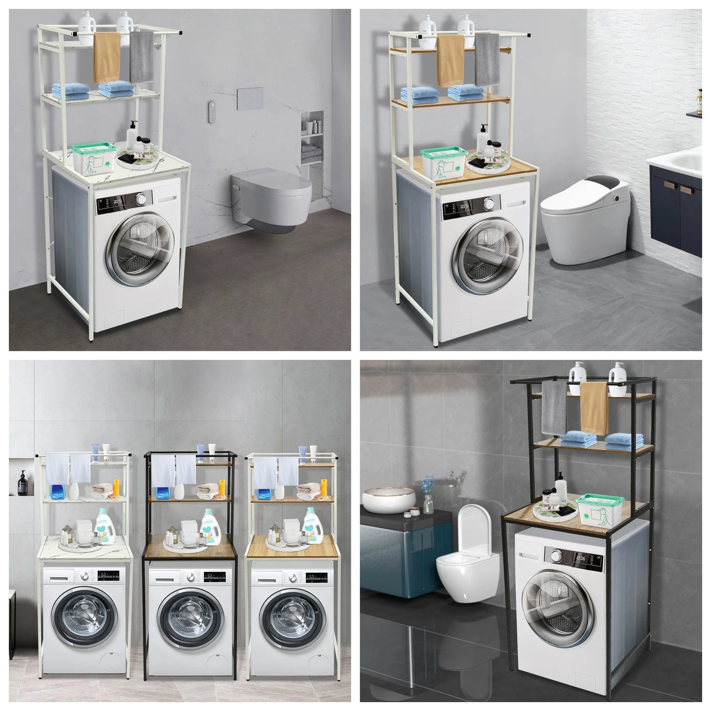 Over Washer and Dryer Storage Shelves 3 Tiers Standing Clothes Drying Rack with Basket for Laundry Room Balconies Porches