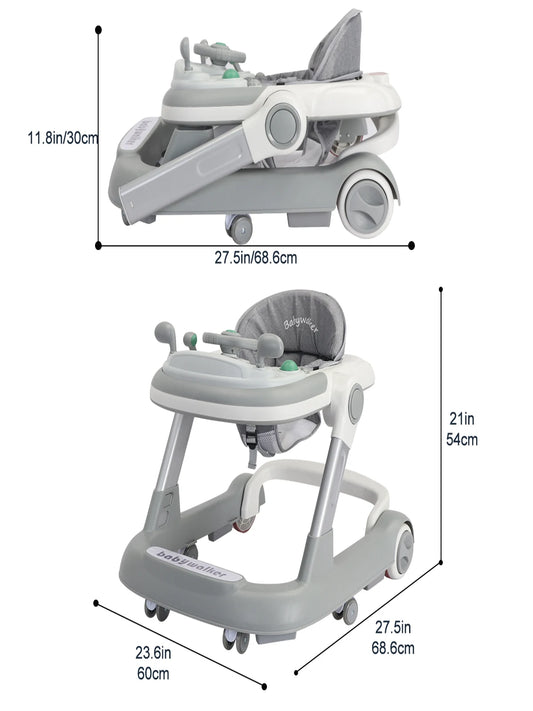 Push Walker with Detachable Feeding and Music Trays, Foldable Learning Toy for Infants and Toddlers, 2 In 1 Walker