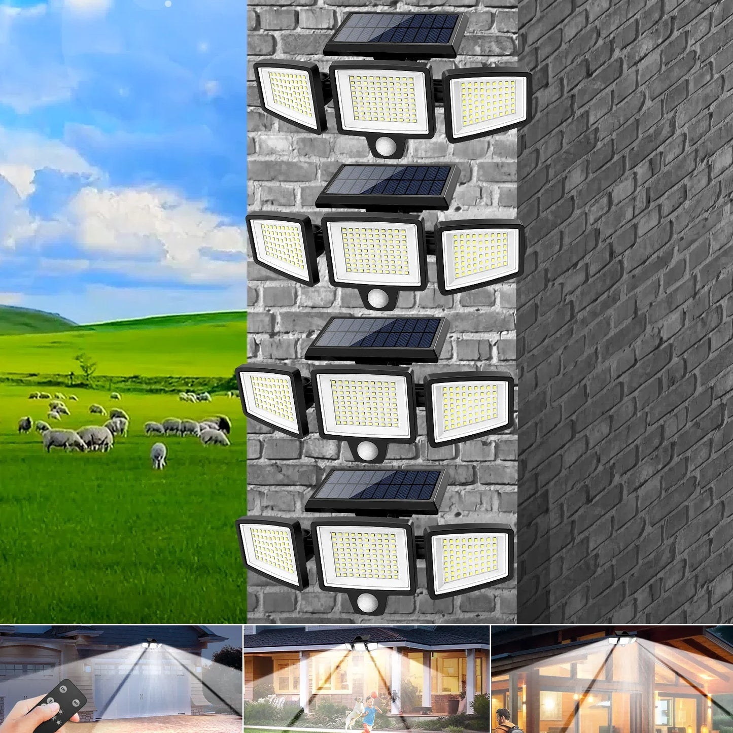 (5/4/3/2/1 pcs) 3-Head Solar Outdoor Light, Motion Sensor Security Light with Wireless Remote Control