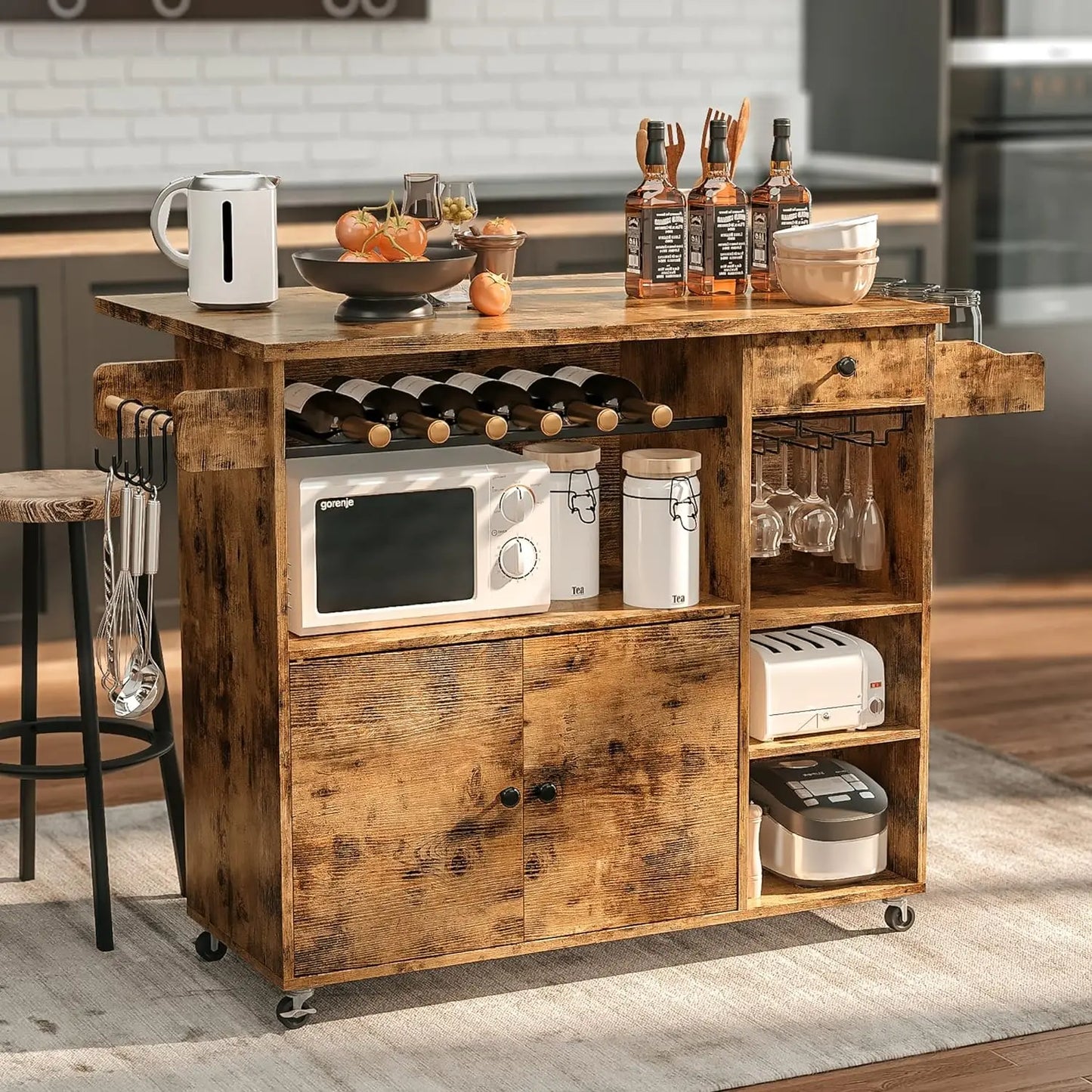 Rolling Kitchen Island Cart with Drop-Leaf & Wine Rack Drawer Shelves & Spice Rack, Microwave Rack Serving Cart on Wheels