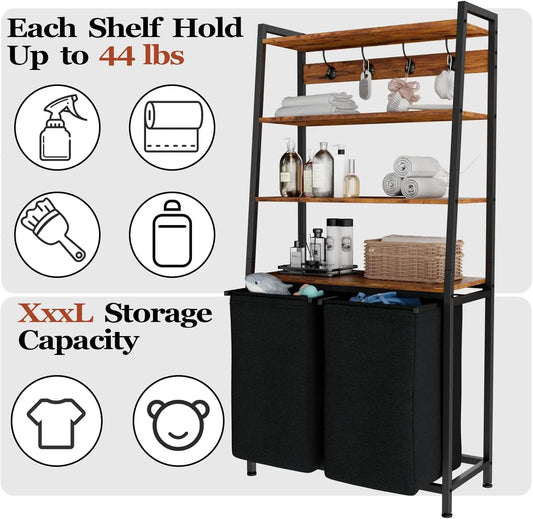 4 Tiers Laundry Hamper with Shelf and Hooks Tall Laundry Basket Sorter with 2 Removable Bags