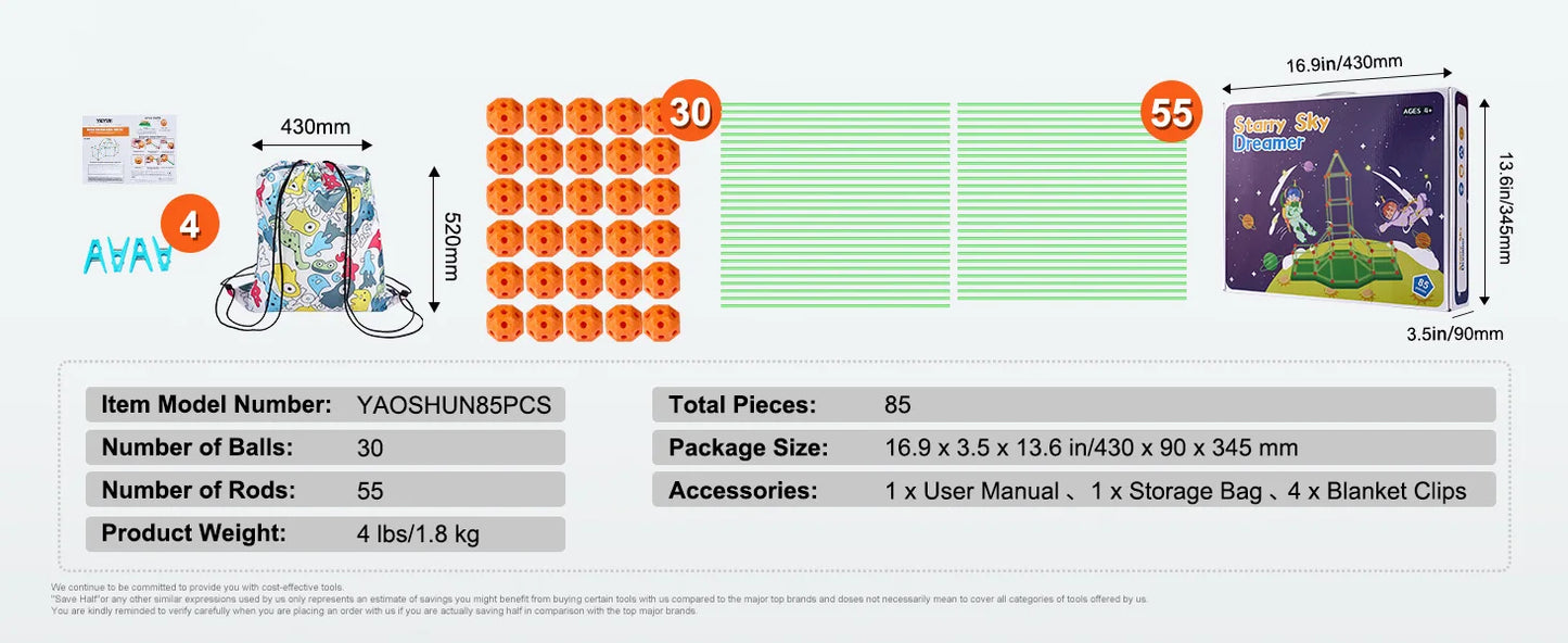 Fort Building Kit Construction Castle Tunnels Toys with 55 Rods 30 Balls Indoor Play Tent for Educational Gift Blocks