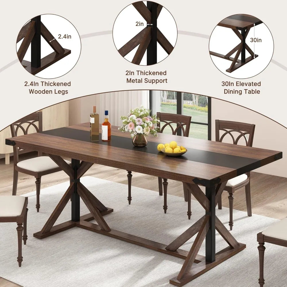 71 Inch Dining Table for 6 People, Rectangular Kitchen Farmhouse Table W/Thickness Waterproof Wood Tabletop,Long Dining Room Tab