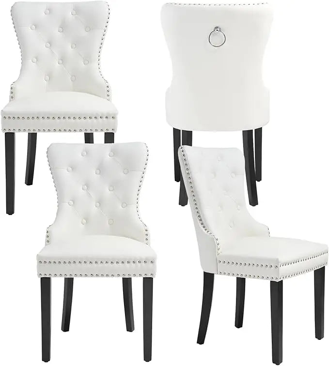 PU Leather Dining Chairs Set of 4 – Tufted Upholstered Seats, Solid Wood Legs & Pull Ring | Ideal for Dining Rooms
