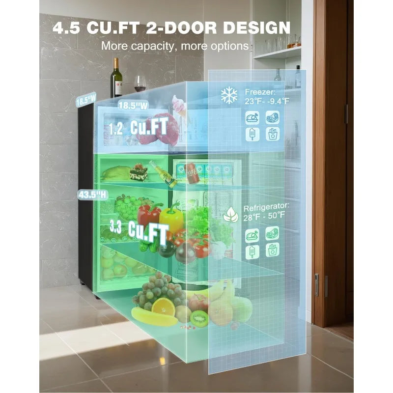 Double Door Refrigerator with Freezer, 4.5 Cu. Ft, Small Fridge with Freezer, 7 Settings Temperature Adjustable