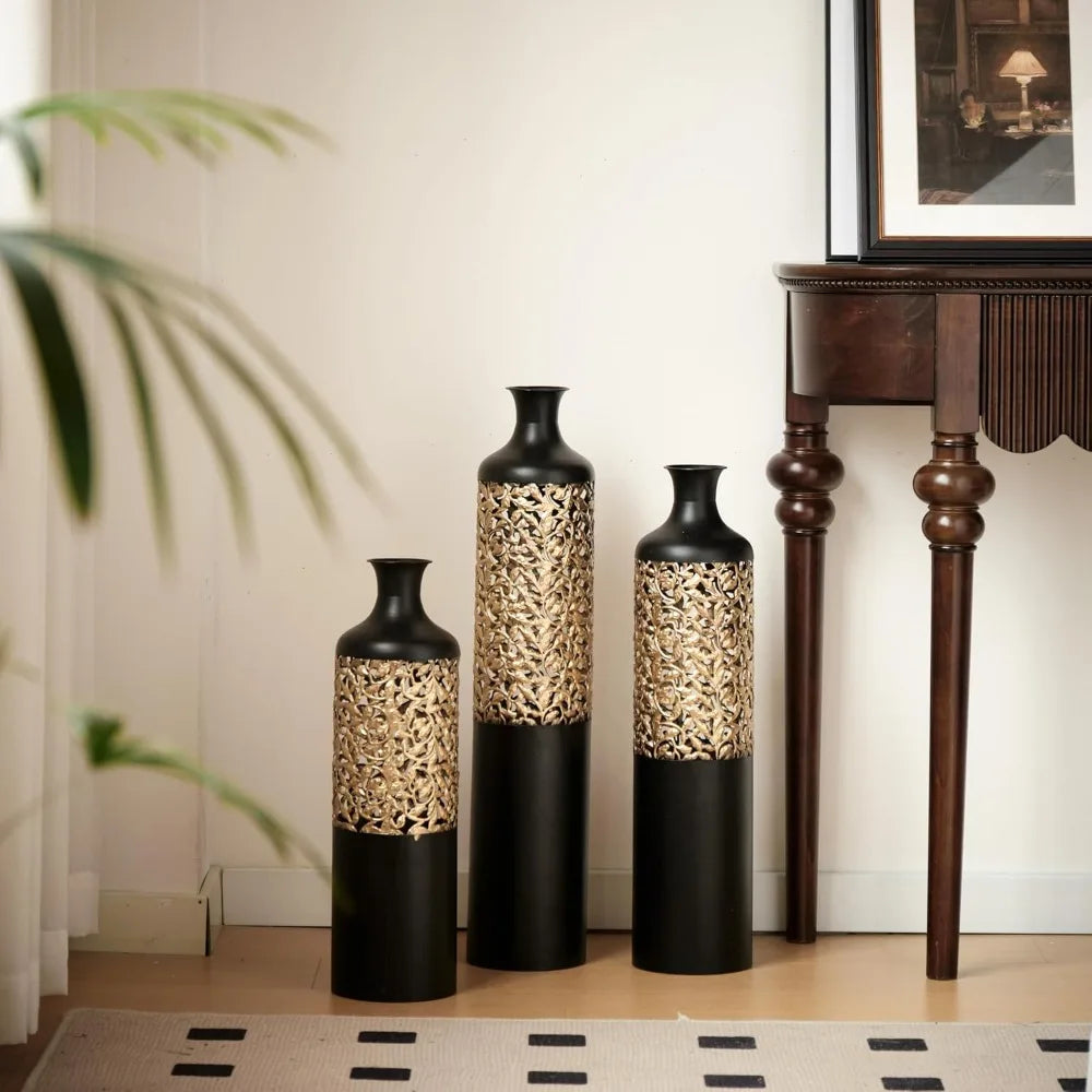 Tall Gold Metal Vase Set of 3