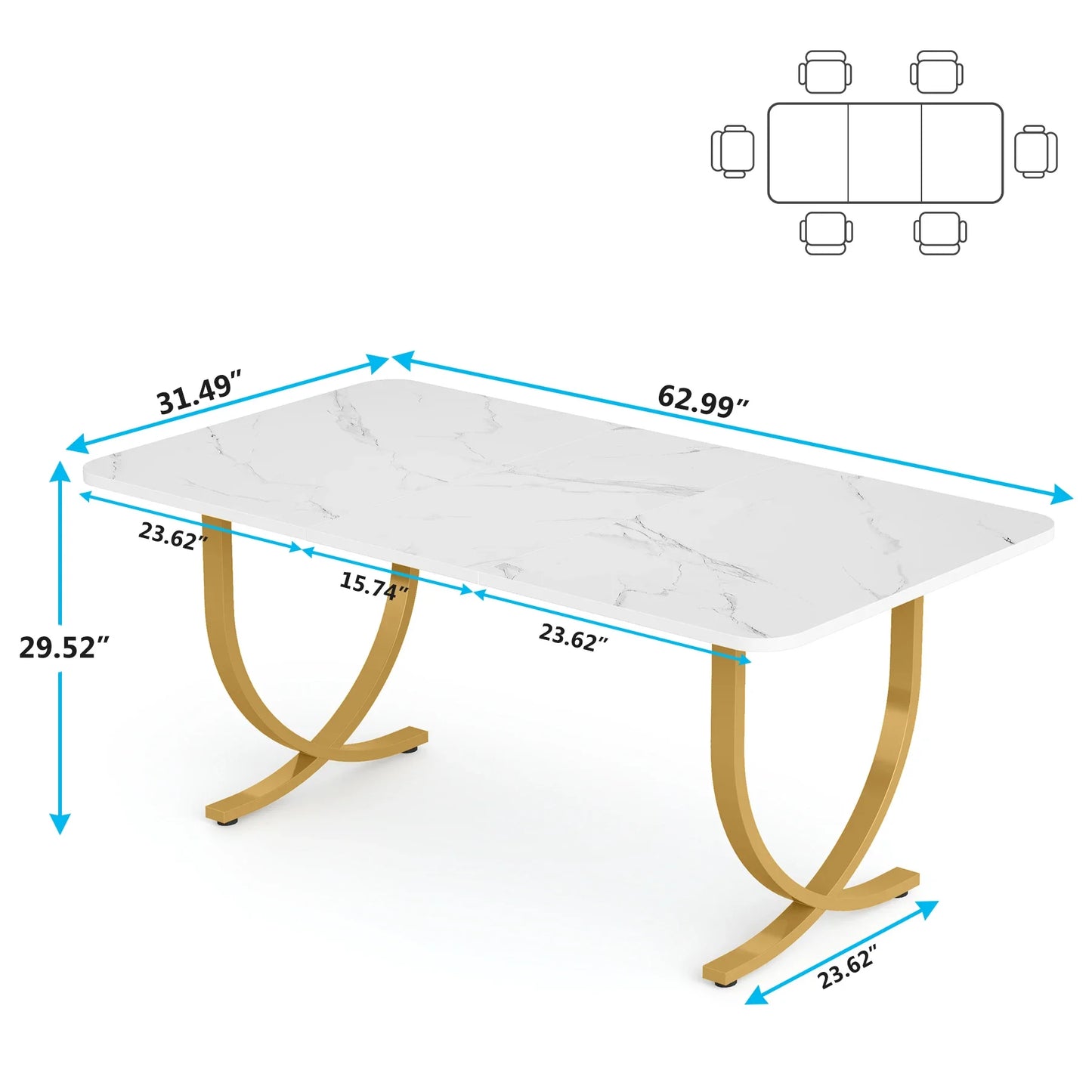 63" Modern Dining Table Kitchen Table with Faux Marble Top