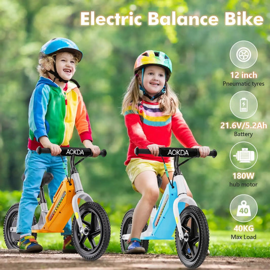 Electric Bikes for Kids, 180W Electric Balance Bike, 12" Pneumatic Tire 21.6V/5.2Ah Battery Boys & Girls E Bike Bicycle