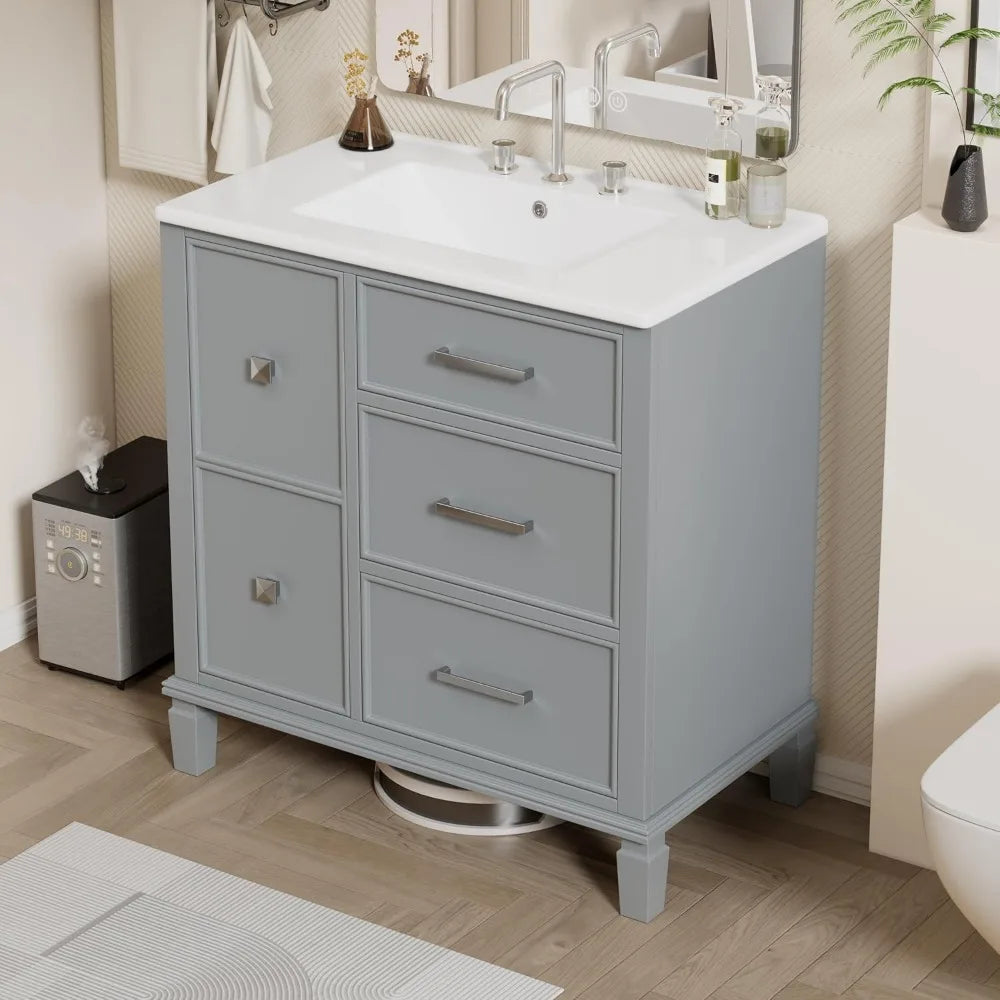 30 inch Bathroom Vanity with Sink, Freestanding Bathroom Vanity Cabinet with Double-Layer Pull Out Drawer