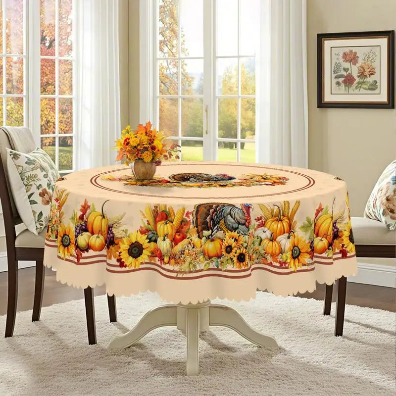 Fall Thanksgiving tablecloth with turkey, pumpkin and sunflower pattern, rectangular and round autumn harvest tablecloths